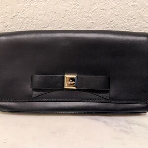 New Kate Spade Black Leather Clutch with Bow Accent